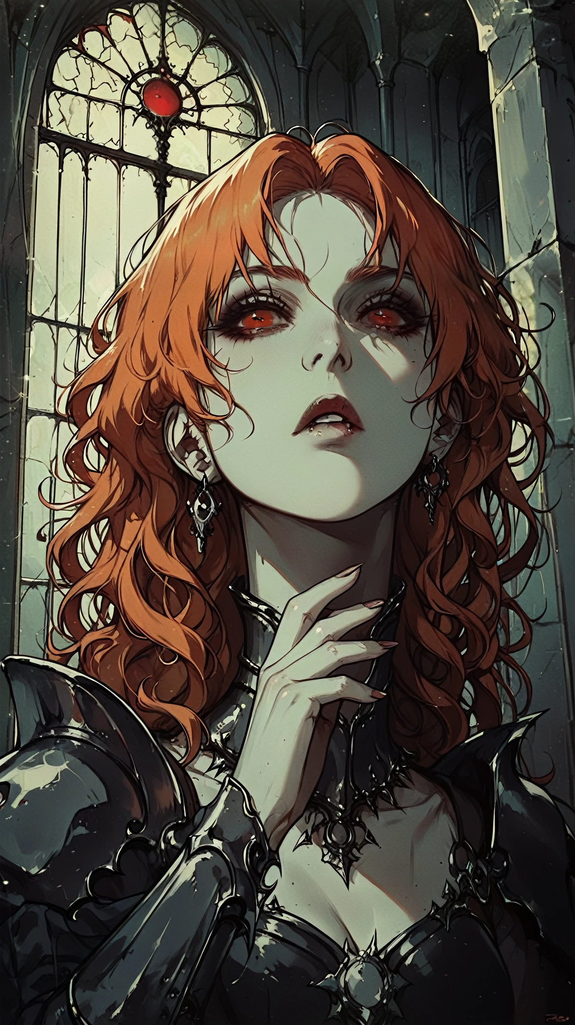 Vampire woman wearing black armor, pale white skin, red eyes, long curly orange hair, inside a dark and gloomy castle, throne room