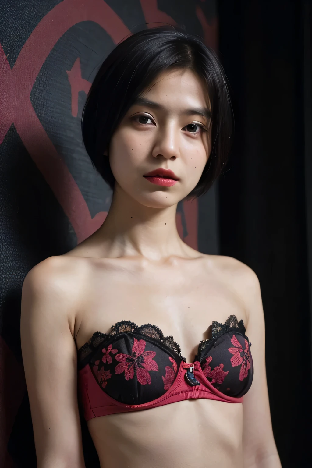 (((((HALF BODY PORTRAIT))))), ((FLAT CHEST:1.8)), ((Lace)), ((SAD FACE EXPRESSION:1.44)), masutepiece, High quality, UHD 32K, Realistic face, Realistic skin feeling , A Japanese Lady, 5 matured lady, , Very cute and baby-like face, (((FLAT CHEST))), (Night time at forest), ((look In front  at the camera and SADNESS)), (((CUTE GIRL))), ((DARK RED FLUORESCENT LIPS)), ((Floral Pattern)) little wearing strapless bra, strapless colorful bra, dark night background , black forest night, horror scary place, (from behind up) seductive pose. ((((VERY SHORT HAIRCUT)))