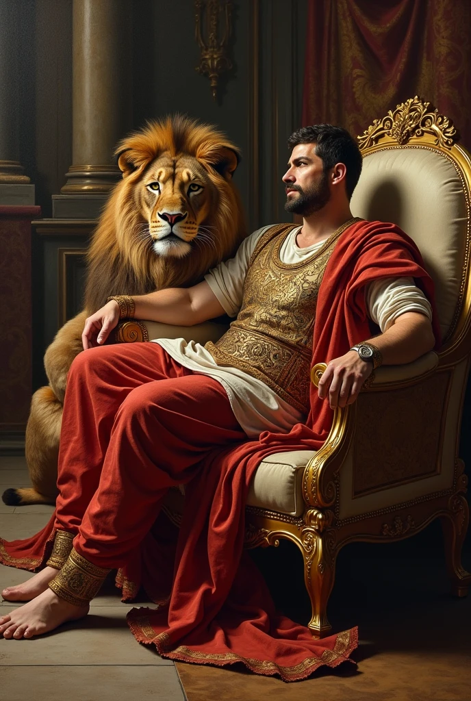 A Roman emperor lying down with a lion