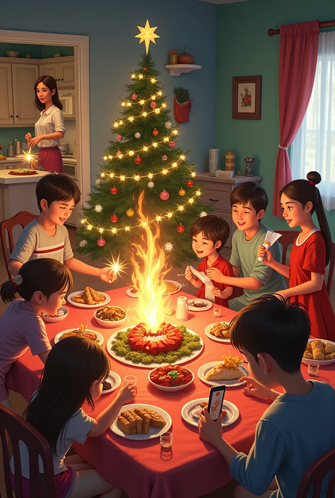 Create an image of a Christmas celebration where there are some children burning gunpowder and if mom is cooking her father is putting the presents under the tree and her uncle is at the table eating and her sister is watching taking a selfie and the brother is drinking soda