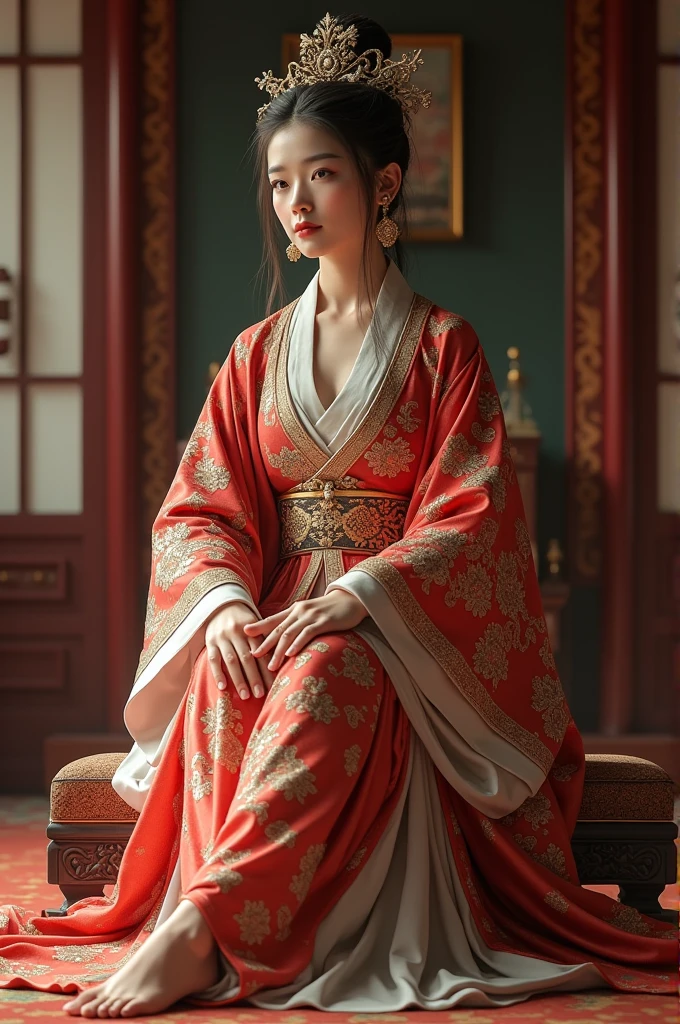 Chinese women from the Ming Dynasty era in traditional clothing, showing her small, tightly bound feet, sitting in the royal palace.