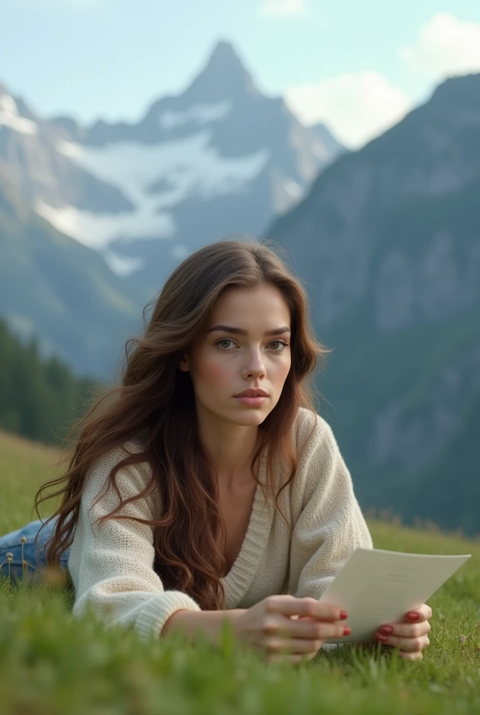 A woman with long brown hair and fair skin lying on the grass with a mountain landscape behind her where she is on the left side concentrated holding a test.