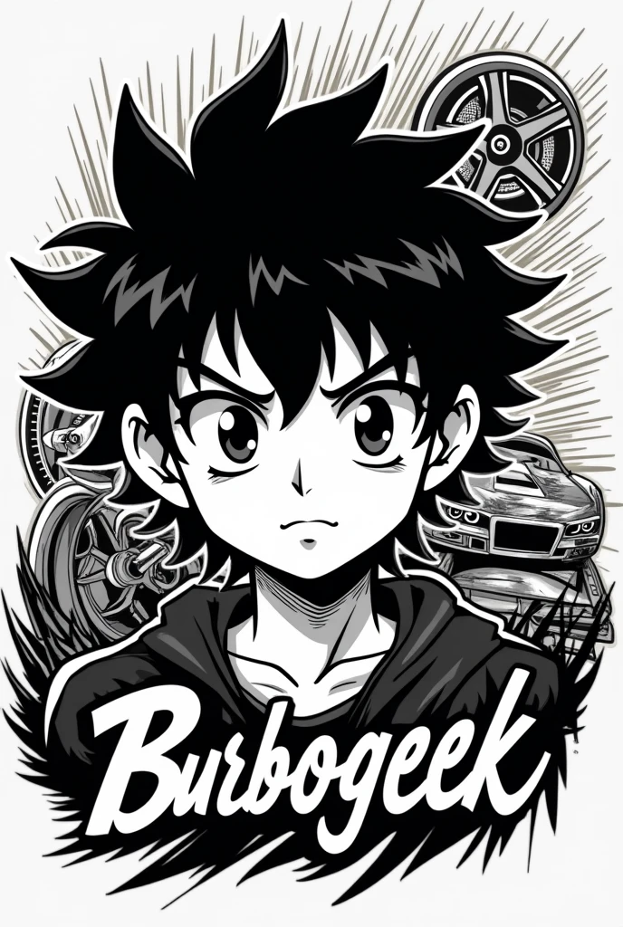 create a logo for a store whose main market is selling pins, scale cars, geek stickers and elements, The name of the store is TurboGeek, The image must be inspired by the anime Initial D, that black and white colors predominate