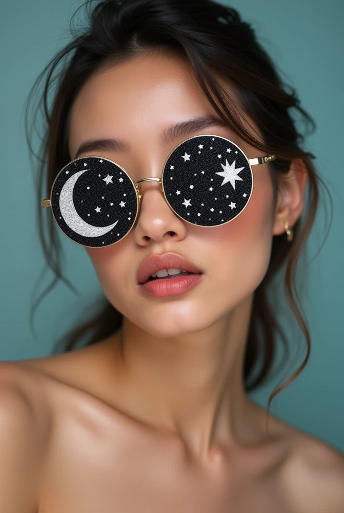 The model is wearing glass sunglasses with stars and the moon on the glass