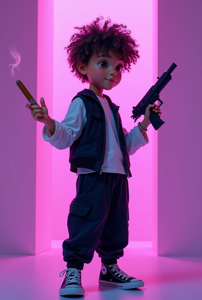 A boy with a height of 1 meter 55 centimeters of full body, with curly hair, Brown eyes (NOT SO BIG) moreno, with a white long-sleeved shirt and a black vest over the white shirt, with baggy black pants. White and black Converse sneakers, Smoking a Pall Mall Maraca Double Clip Cigar with right hand and smoke coming out of the cigar, and with a small Fine Line Tactical weapon in his left hand with a phosphorescent purple background.