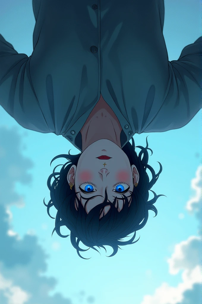 sad in heaven, blue eyes, black hair and cross earring, he is in the air turned upside down