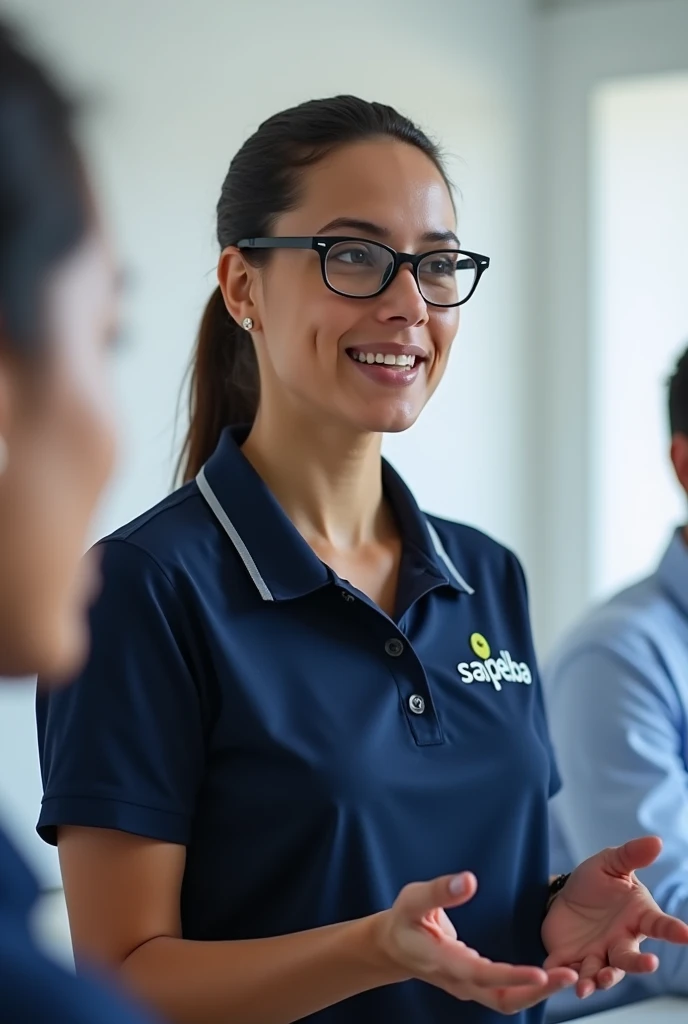 A woman teaching a tutorial in a white room wearing glasses and a ponytail, with a navy blue blouse and with the name written on the right side of the chest "Sapelba"
With polo shirt, and be a Brazilian.