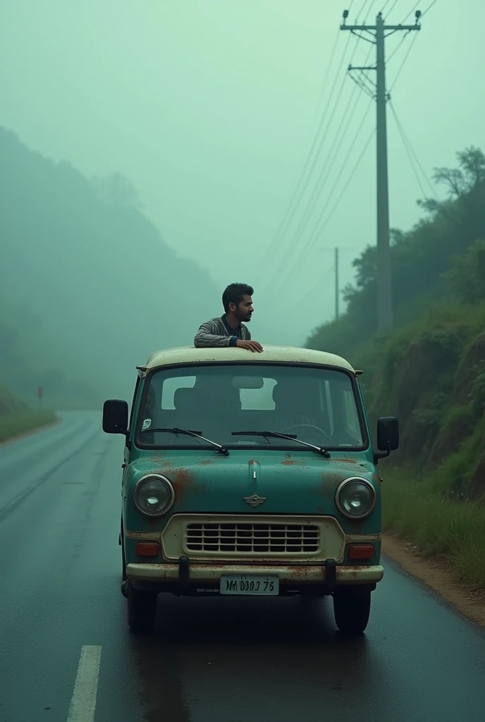 cinematic, photorealistic film poster of a cinematic, photorealistic film poster of a man in his 30’s wearing middle class track suit, driving an old maruti Van, side face profile mid shot, outskirts of Darjeeling, misty morning