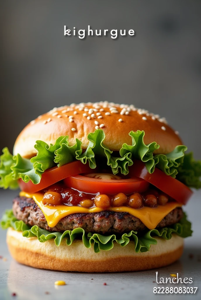 Image of a very appetizing homemade burger,com o nome em cima bigburgue e a palavra lanches pequeno e o numero de telefone com whatsapp na parte de baixo 82988083037 para divulgação 