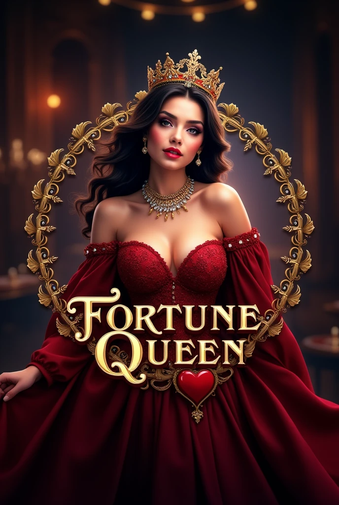 Create a logo for a dp of  an online casino platform named fortune queen using a sexy queen with the name written on the logo with casino background

Focus the picture on middle 