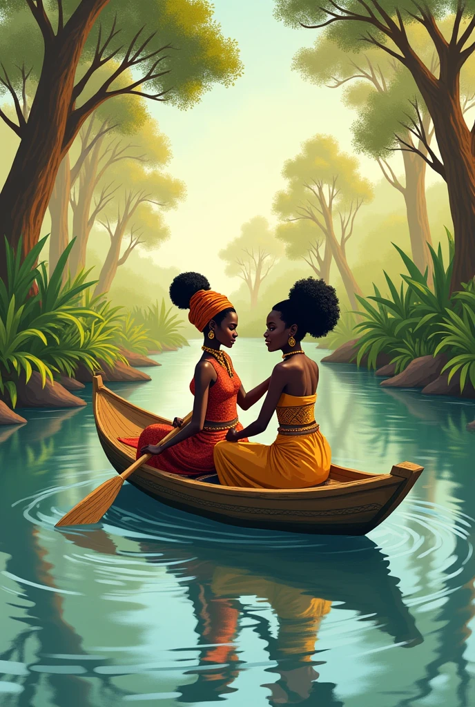 African couple in canoe in illustration
