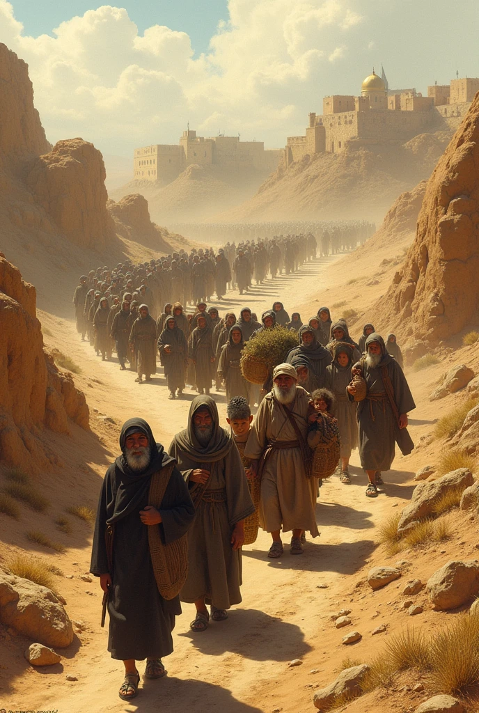 A caravan of Jewish exiles walking towards Jerusalem.