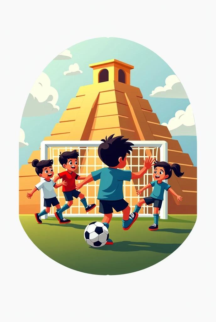 Logo for a football league, with children playing soccer, A soccer ball, an Aztec pyramid and a goal, what to say "Jose Salazar Garrido League", no flashy or colorful background