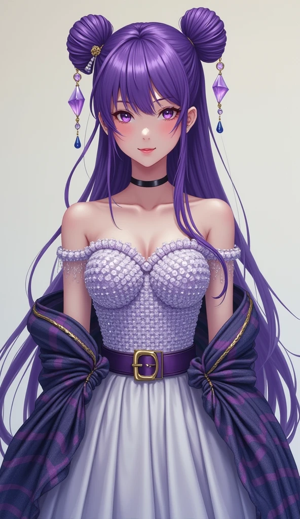 (Realistic painting style:0.9), masterpiece, best quality, absurdres, looking at viewer, solo, , hair bun, skirt, scarf, off-shoulder Dress made of small square Glass pieces, white skirt, purple hair, ponytail, purple eyes, diamond-shaped pupils, hair ornament, bare shoulders, smile, breasts, cone hair bun, long hair, belt, double bun, long sleeves, bangs, bow, hair flower, hair bow,ribbon, hair ribbon, braid, plaid scarf, plaid, off shoulder