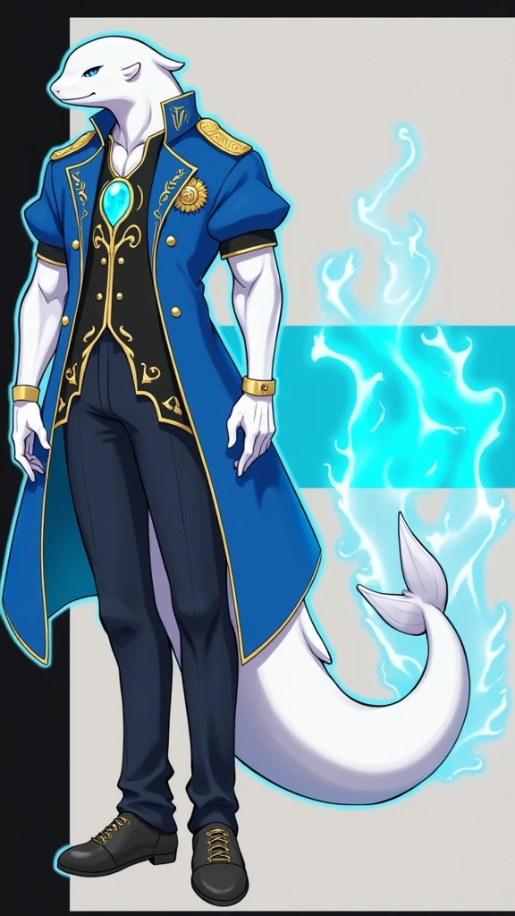 A unique being with a beluga whale's head and a tall, muscular human body. His skin is smooth and white like a beluga's. He wears a blue Victorian-era coat with gold details, and a glowing blue jewel on his chest shines like stars in the ocean's depths. His eyes, filled with blue magic, glow like the night sky. A large beluga tail extends from his lower back, and powerful water magic swirls around him, enhancing his mystical presence. Anime style