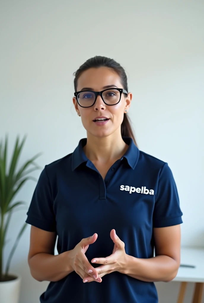 A woman teaching a tutorial in a white room wearing glasses and a ponytail, with a navy blue blouse and with the name written on the right side of the chest "Sapelba"
With polo shirt, and be a Brazilian.