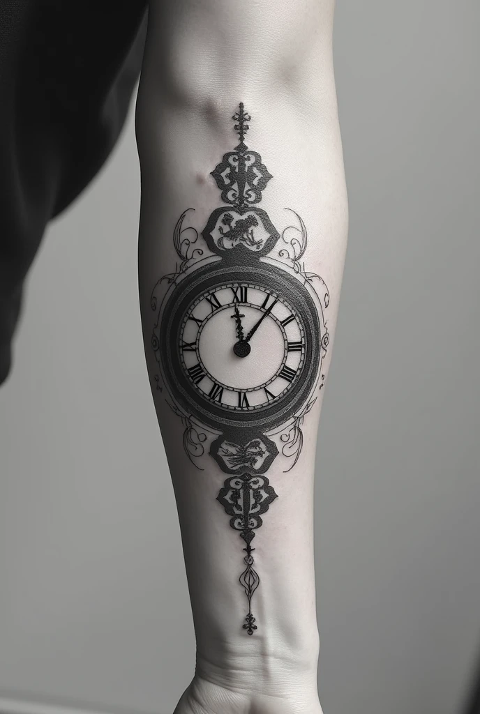 Black and white forearm tattoo with mythological symbols representing time, love and perseverance