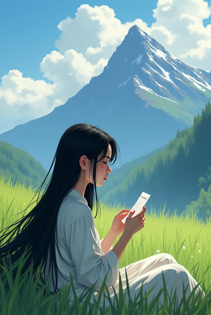 One with long black hair and fair skin lying on the grass with a mountain landscape behind where she is on the left side concentrated looking and holding a test.