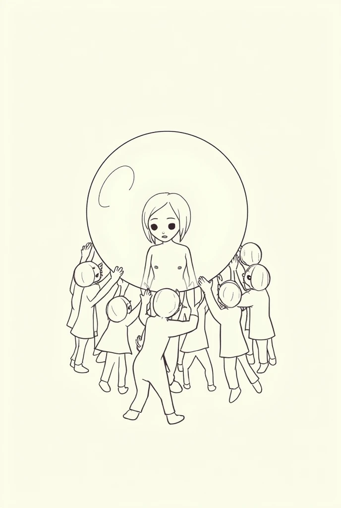 Simple drawing of a person in a bubble with people around trying to touch it but failing.