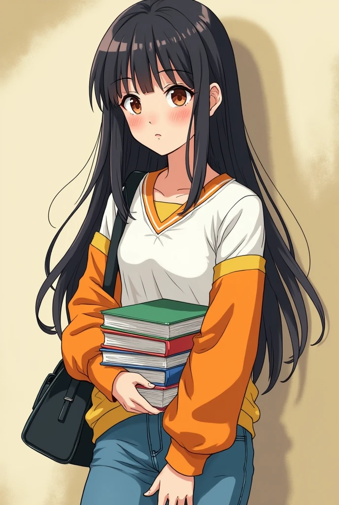  blacksad , Teenage student,  wearing a white school uniform blouse with orange and yellow sleeves. jeans,  holding books, baby style , whole body, manga style, comic. 