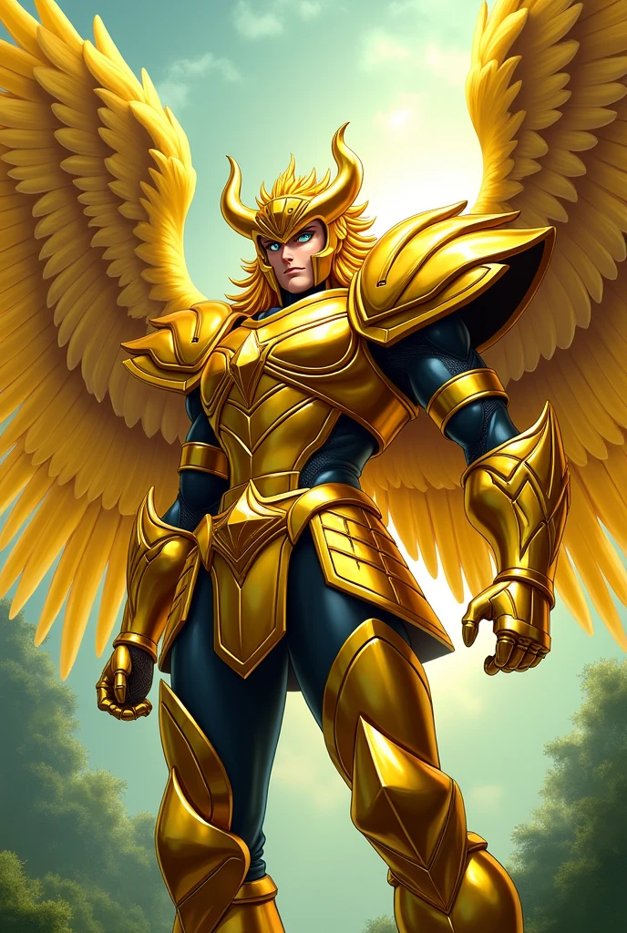 create an illustration of a Leo knight with golden armor inspired by "Saint Seiya", with golden wings and a green background to highlight the image, make the wings fit the entire area of the camera