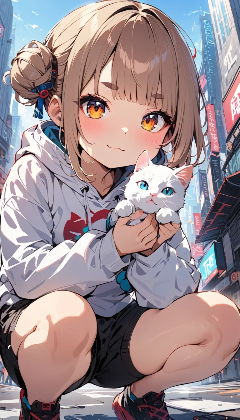 (((masterpiece, Highest quality, 1 girl with cat ears, alone, 独奏))), (((two side bun hairstyle, a little lighter brown hair,Lift all the hair on the sides, Thin eyebrows:1.8, bangs, Beautiful Eyes, Droopy eyes:1.6, Black Eyes))), (smug face, :3 face, smug face, Close your mouth, Red round cheeks, Mouth ω) View your viewers, 1, (((White hoodie, Black shorts))), Small breasts, ((whole body, squat, Holding one detailed kitten,)), from the front, City,