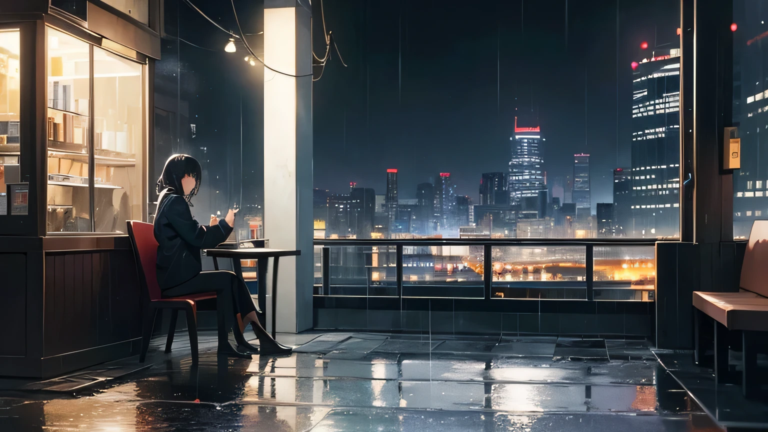 Against the backdrop of the cityscape at night、Depicts a person sitting quietly alone by a window in a cafe。The warm light shines on the cold night outside、The rain continues to fall outside the window、I see blurry street lights and reflective puddles。The overall color scheme is soft and calming、Relaxed and melancholic image