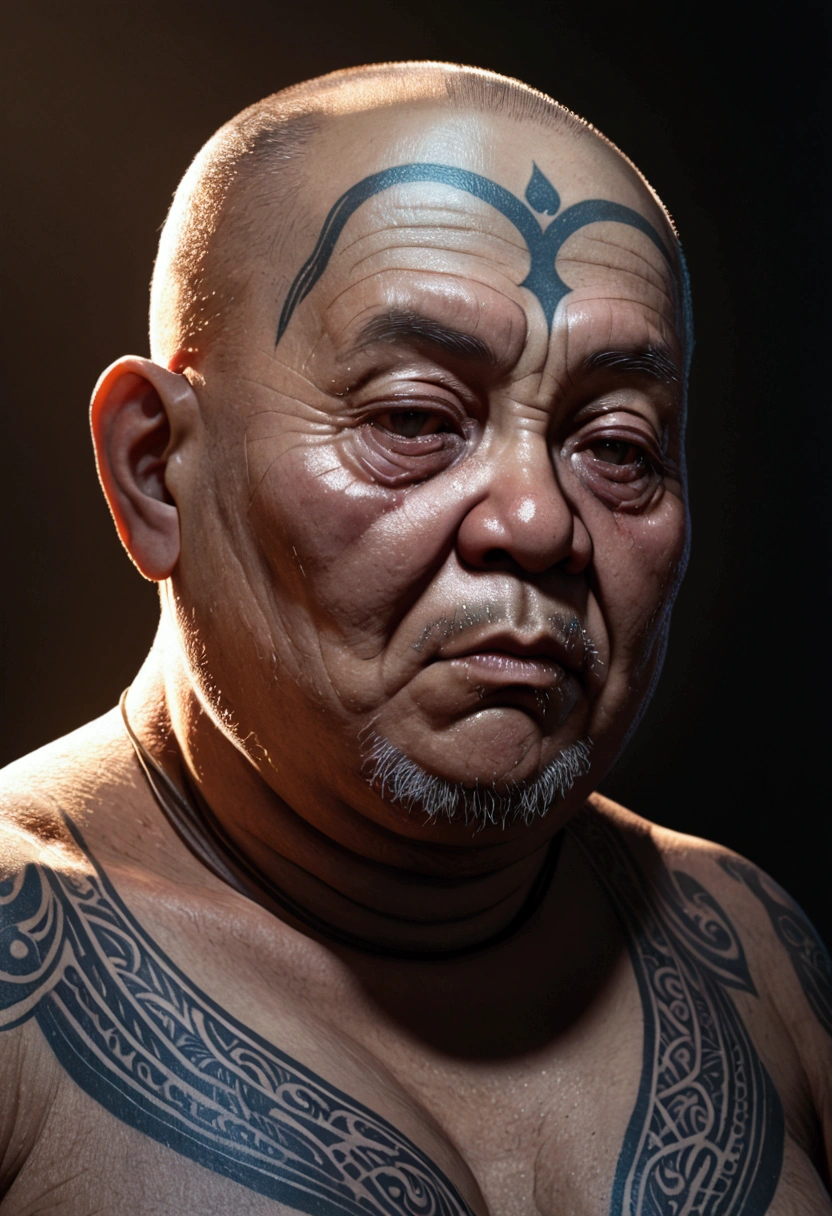 (old fat monk with thinning hair,tattoos all over body,detailed portrait,highly detailed face,hyperrealistic,3d render,masterpiece,8k,photorealistic,cinematic lighting,dramatic lighting,moody lighting,dramatic pose,mystical,spiritual,intense gaze,intricate tattoos,lush textures,rich colors,chiaroscuro,dramatic shadows,atmospheric)