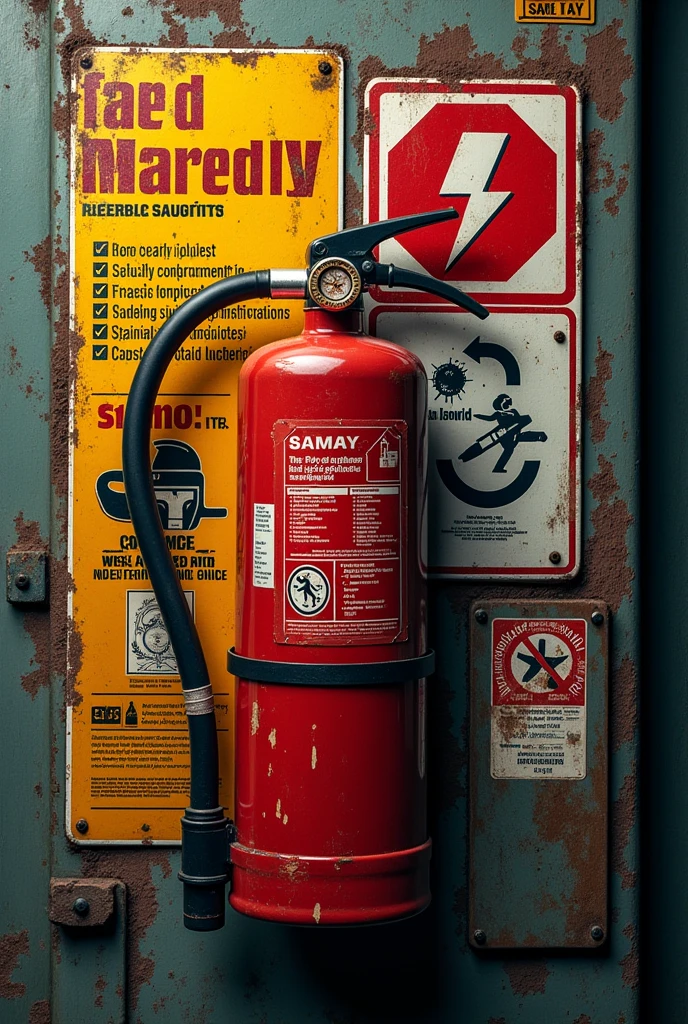 create an image that is half industrial emergency signage and half fire prevention signage 
