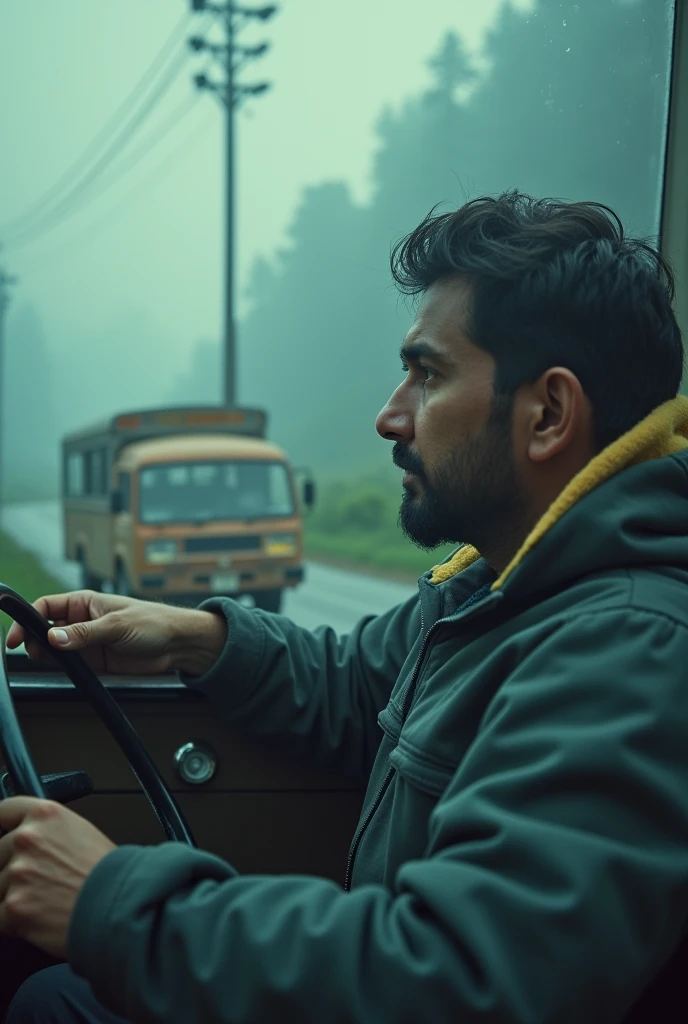 cinematic, photorealistic film poster of a cinematic, photorealistic film poster of a man in his 30’s wearing middle class track suit, driving an old maruti Van, side face profile , outskirts of Darjeeling, misty morning