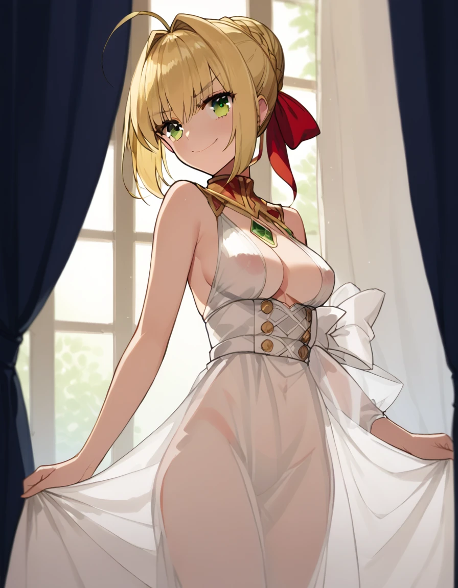 score_9, score_8_up, score_7_up, masterpiece, ultra-detailed, Shiny skin, pretty eyes, Break, 1girl, nsfw,white backless dress, ((translucent clothing)), standing, nero, green eyes, blonde hair, sidelocks, ahoge, single hair bun, french braid, red ribbon, hair ribbon,  hotel room, smug
