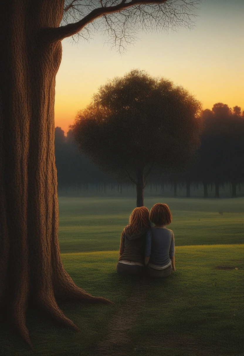 (8k, RAW photo, highest quality) depth of field, bokeh, 8K, HDR, cinematic rendering, a portrait of a 2 redhead, framing from the navel, (extremely intricate:1.7) (dressed in skintight sheer nylon), straps dropped, (panties half dropped:1.6), peeled off, leaning against a tree in the wilderness, goosebumps, cinematic, faded colors, dark shot, muted colors, grainy film, read, crazy details, intricate details, hyperdetailed, sunset, shyness, seduction, romance, looks at the camera lens lovingly, no visible hand