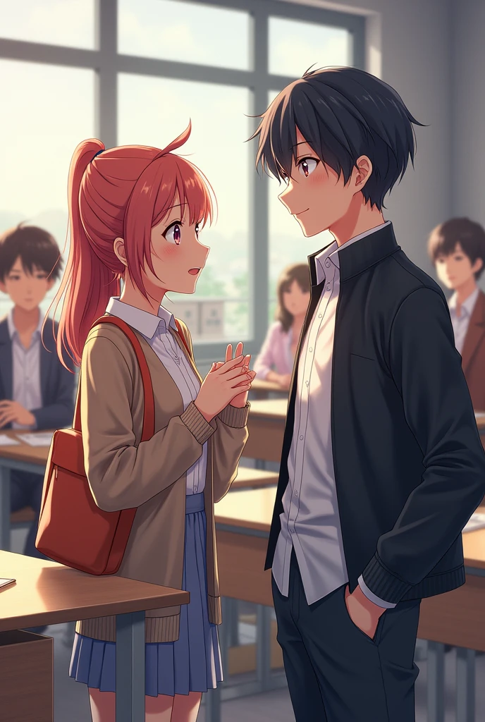 Anime girl talking to a boy in front with other students sitting in the background 