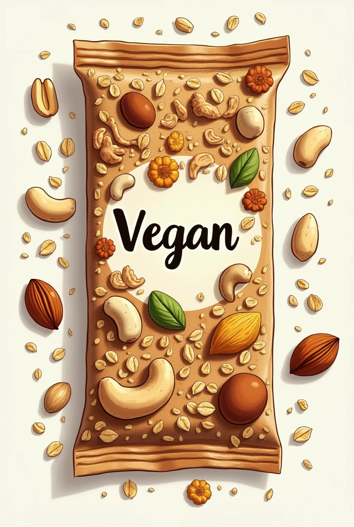 A label for a banana cereal bar, aveia, molasses, cashew nut, Brazil nut, peanut, chia and nuts. I need you to package this product. You don't need to put anything written on the packaging. Only the drawing of the ingredients and the information that the product is vegan.