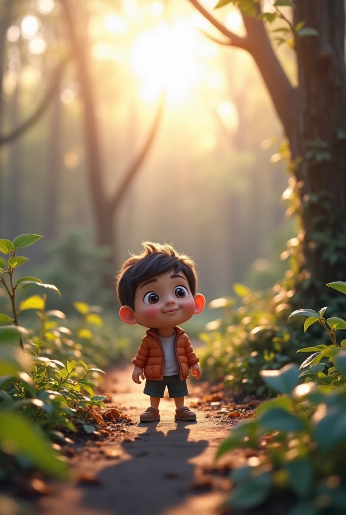 A curious with a big smile, standing in front of a forest, looking excited to explore.