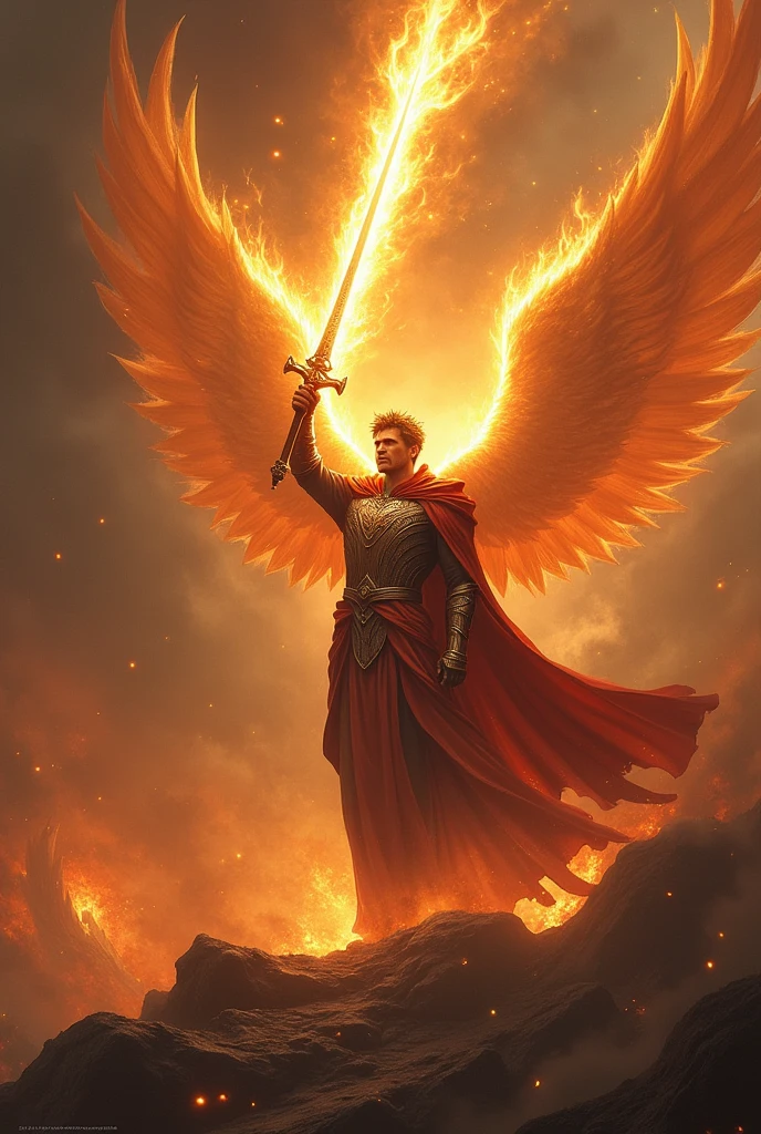  archangel with a sword on fire. Fond sombre et orangé. Massacre
