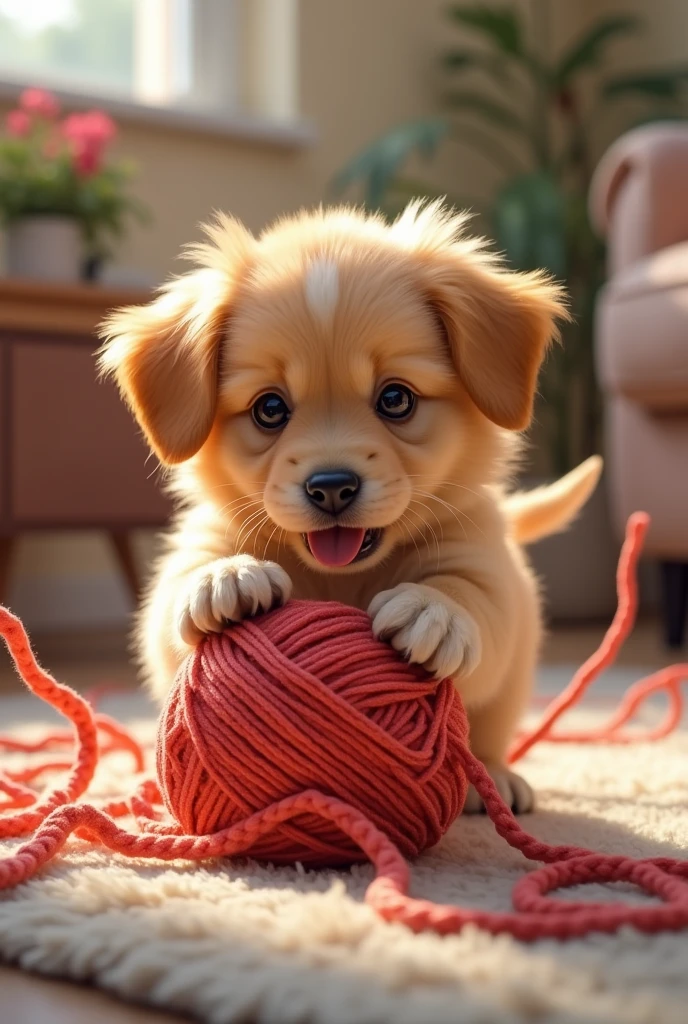 Puppy playing with knitting wool