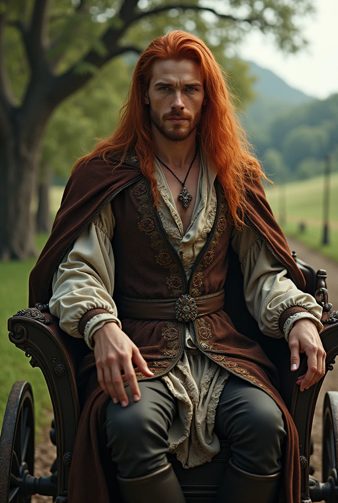Create a man with long, loose red hair, in a carriage in medieval clothes 
