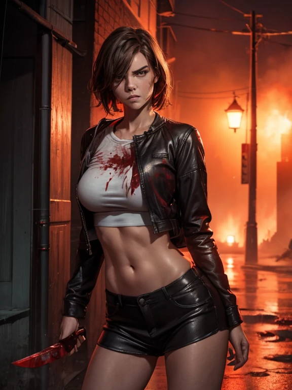 masterpiece, best quality, looking at viewer, facing viewer, bare legs, Lauren Cohan, 1girl, solo, upper body, bow, serafuku, disgusted face, night time, heavy rain, outdoors, city, crop top, navel, wet clothes, drenched, overly long sleeves, hands in sleeves, blood tears, blood marks, dark alleyway, blood splattered on the ground, red bright light, glowing eyes, depth of field,holding a knife,red sky, atmofer,perfect hands, sagging breasts.