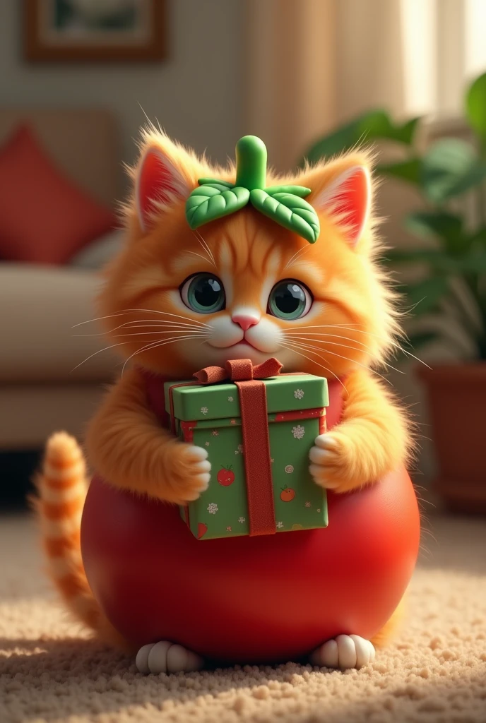 Please make a cat wearing a tomato costume., And the gift contains a mobile phone.
