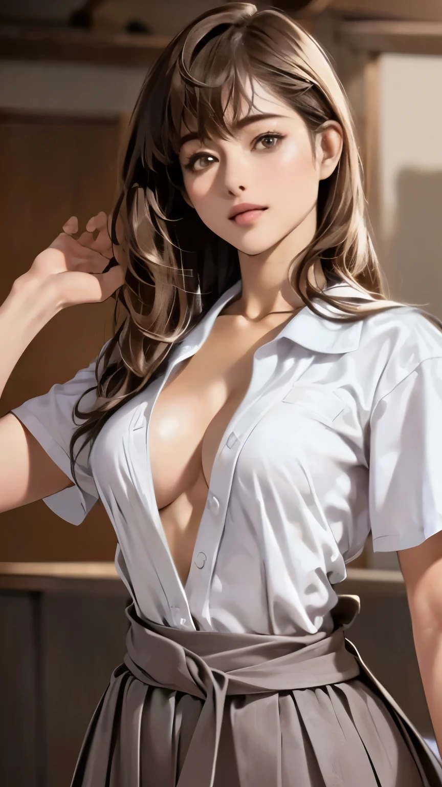 High resolution, High resolution, Attention to detail, Realistic, Textured skin, Anatomically correct, 8k, sharp,
classroom,
(((A high school boy touches a woman from behind:1.5, Rear view))),
((Beautiful Japanese Teacher)), ((Wavy semi-long hair)), ((Neat bangs:1.5)), ((Firm and shapely C cup breasts:1.5)), ((Open shirt:1.5)), ((Exposed breasts:1.5)), straight, Slim figure, White summer short-sleeved button-up shirt tucked into skirt, Tight summer high waist white long flared skirt)),
(((One man and one woman)))