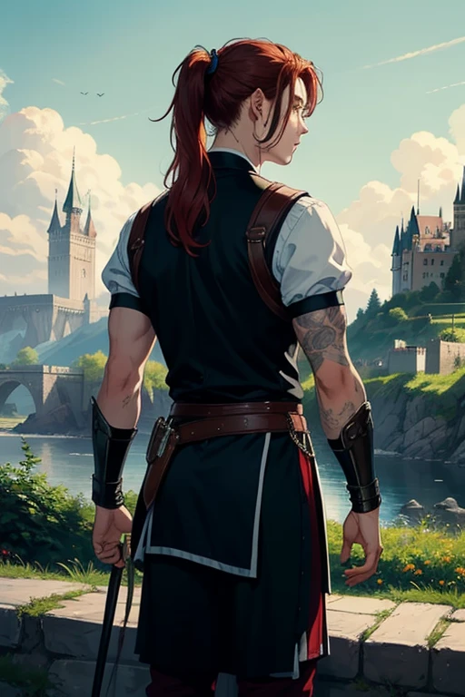 Young 2 red-haired male warrior with a ponytail and a castle in the background

