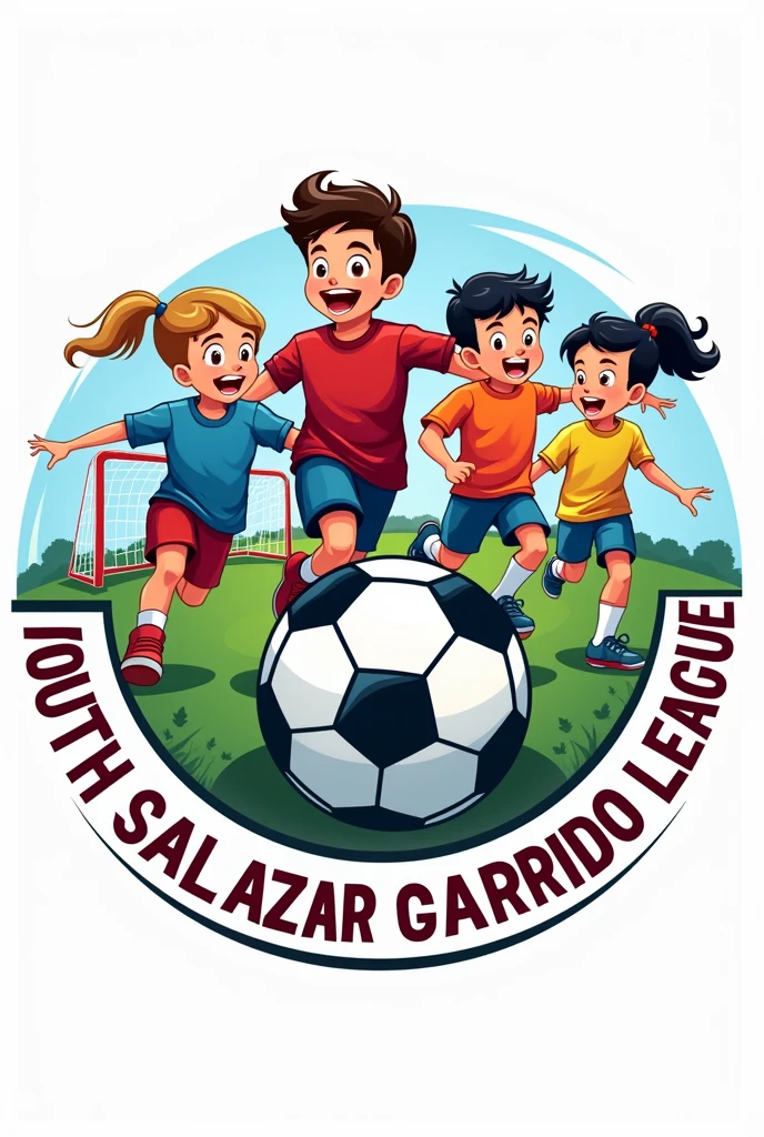 Logo for a football league, with children playing soccer, A soccer ball, and a goal, what to say "Jose Salazar Garrido League", without striking background