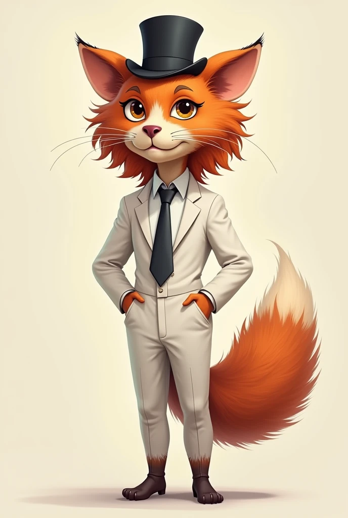 generates an image of an imaginary friend, with animal characteristics, with cat head, bear ears, lion hair, Fox tail, and cat body, with white jumpsuit, tie and magician's hat