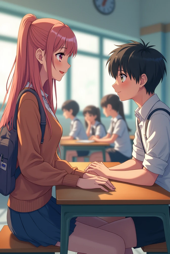 Anime girl talking to a boy in front with other students sitting in the background
