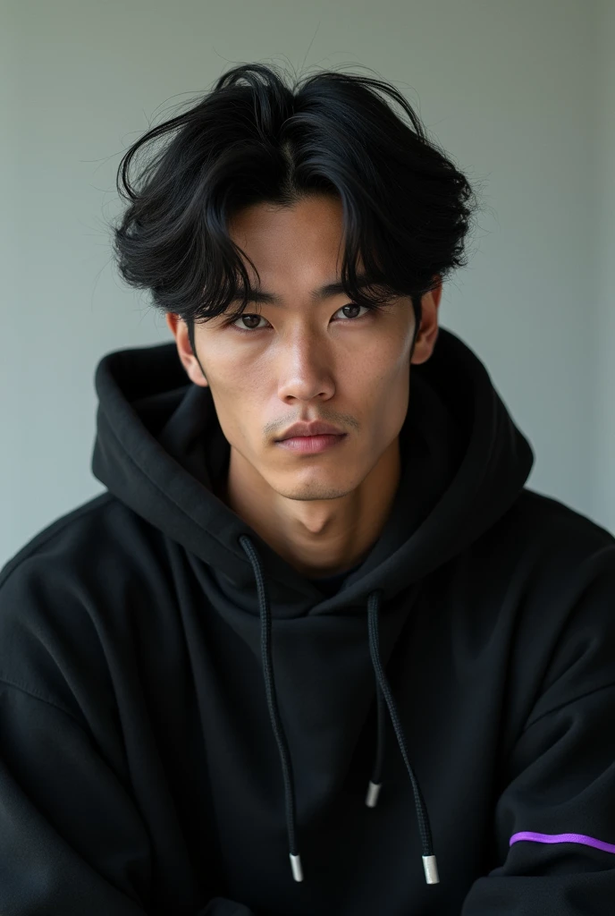 A guy with black medium hair with layers, tan skin color, wearing a black hoodie with some purple arts on not much and looking straight and generate the image from head to hips