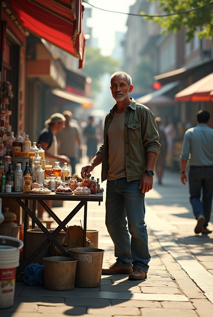 A man selling products on a street sidewalk