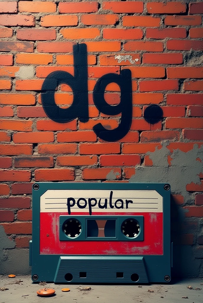 aesthetic brick wall, estilo hip hop, with graffiti written ''dg'' very simple, and in front of the wall a recording tape written ''popular'' focused on the image