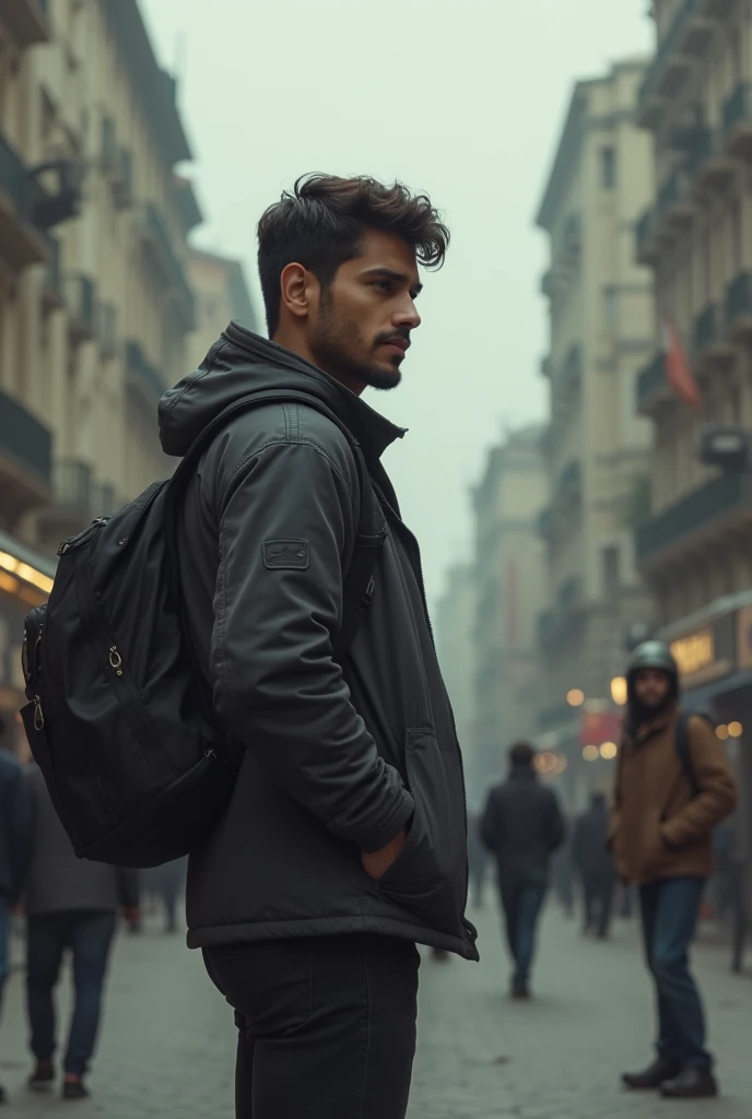 Young man with Latin American features with his back turned watching other people in their daily lives who are working in the distance. This leaves him with a deep reflection that he has to make wise decisions.