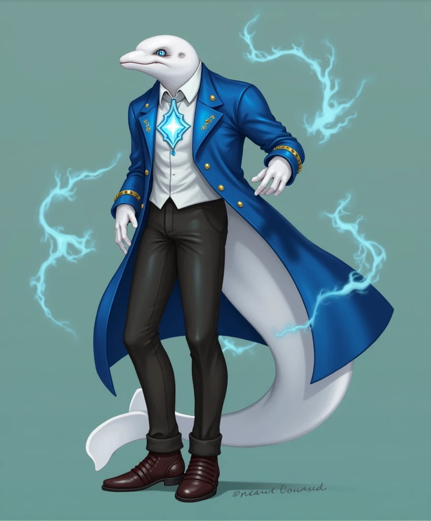 A unique being with a beluga whale's head and a tall, muscular human body. His skin is smooth and white like a beluga's. He wears a blue Victorian-era coat with gold details, and a glowing blue jewel on his chest shines like stars in the ocean's depths. His eyes, filled with blue magic, glow like the night sky. A large beluga tail extends from his lower back, and powerful water magic swirls around him, enhancing his mystical presence.